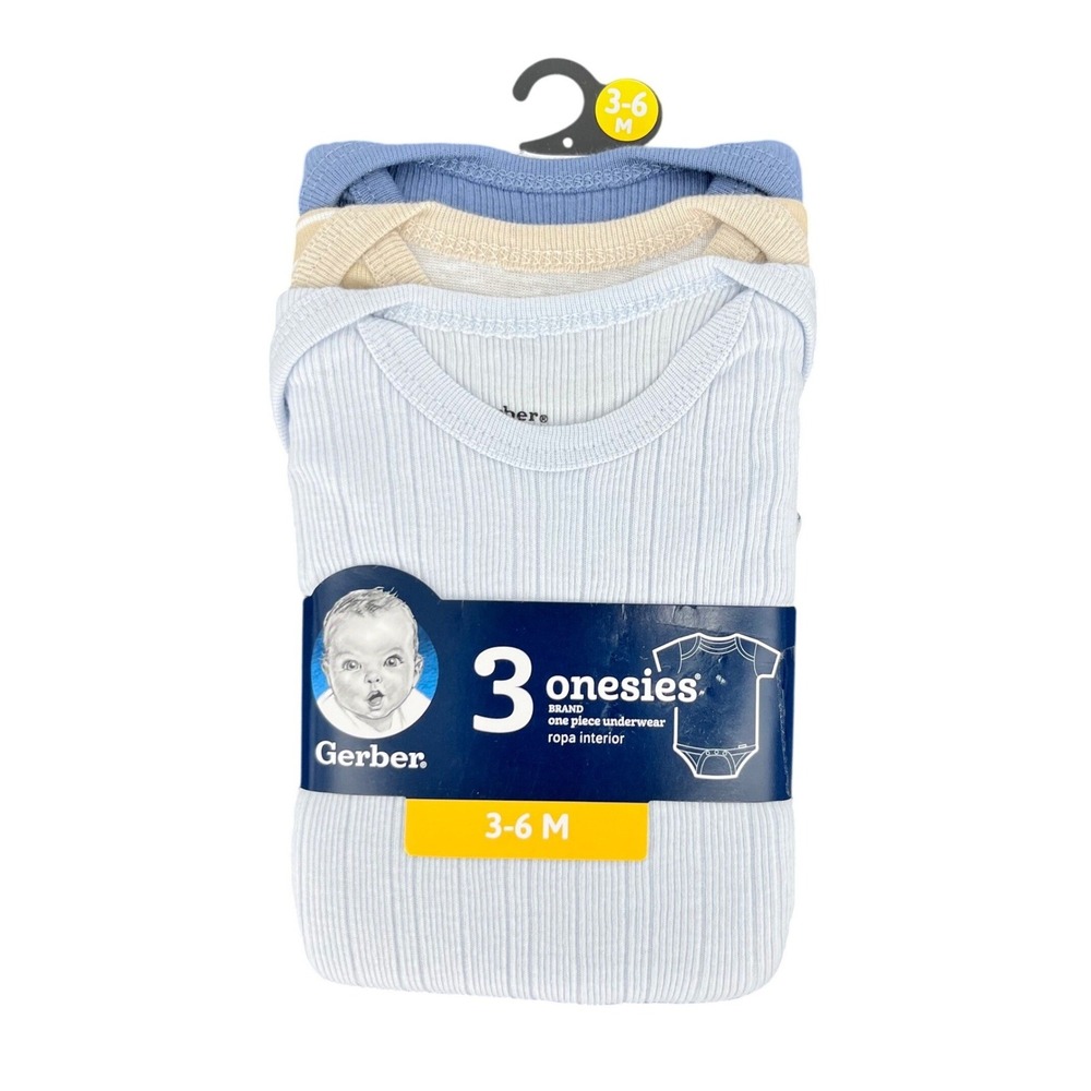 Gerber Onesies Bodysuit Baby Boy 3-6M Blue Tan Ribbed Cotton Striped 3-Pack